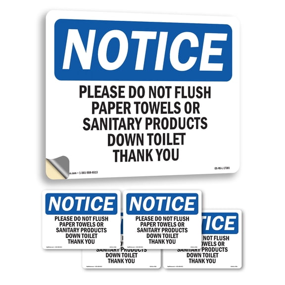 Please Do Not Flush Paper Towels Or Sanitary OSHA Notice Vinyl Decal Label 7 Inch x 5 Inch - 5 Pack