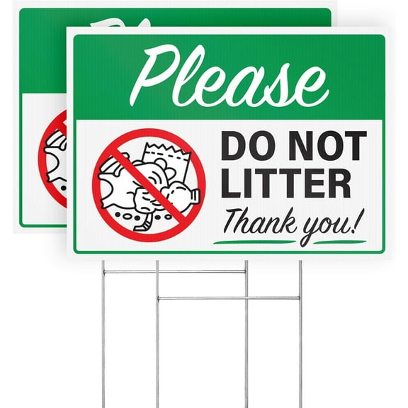 Please Do Not Litter Yard Signs with H-Frame Stakes, 14" x 10" Corrugated Plastic Do Not Litter Signs (Pack of 2)