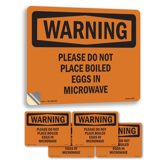 Please Do Not Place Boiled Eggs In Microwave OSHA WARNING Vinyl Decal Label 5 Inch x 3.5 Inch - 5 Pack