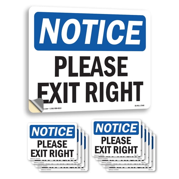 Please Exit Right OSHA Notice Vinyl Decal Label 5 Inch x 3.5 Inch - 10 Pack