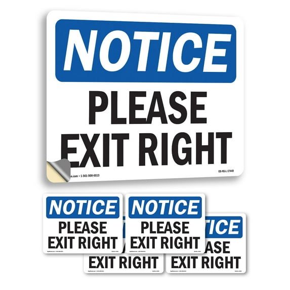 Please Exit Right OSHA Notice Vinyl Decal Label 7 Inch x 5 Inch - 5 Pack