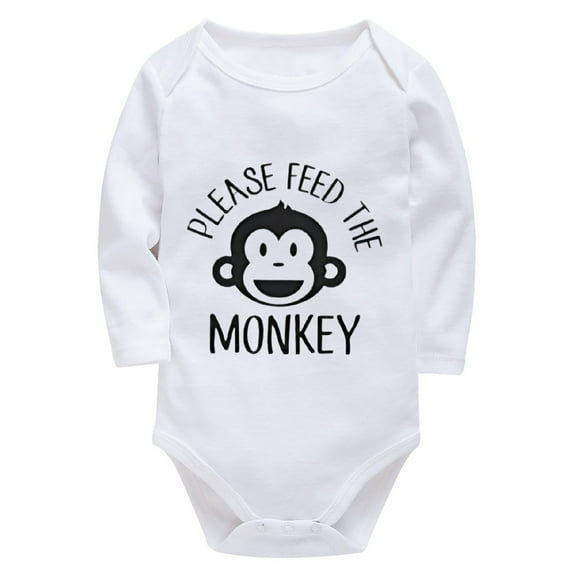 Please Feed The Monkey Rompers for Baby Boy Long Sleeve First Outfit for Newborn Girl White Baby Boy Rompers 12-18 Months