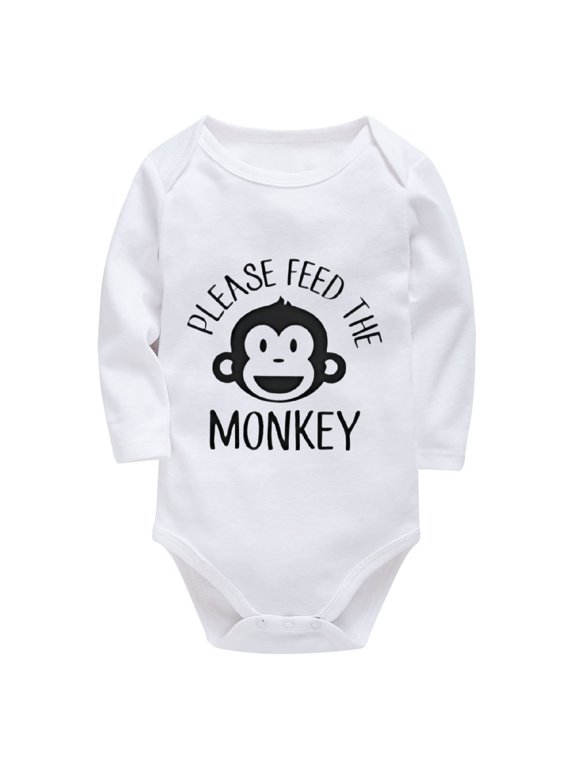 Please Feed The Monkey Rompers for Baby Boy Long Sleeve First Outfit for Newborn Girl White Baby Boy Rompers 12-18 Months