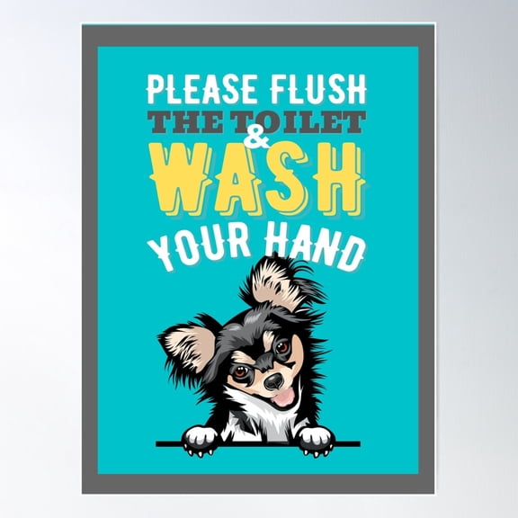 Please Flush The Toilet And Wash Your Hand Bathroom Decor Peeking Dog Poster Wall Art, Modern Wall Decor For Living Room Bedroom, 16x24 UNFRAMED