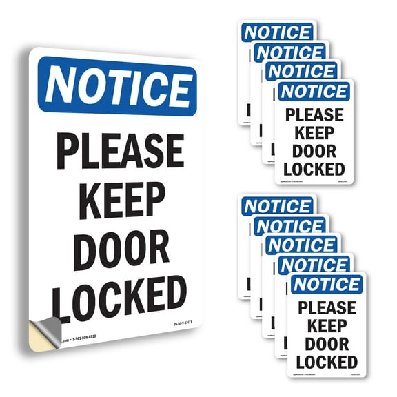 Please Keep Door Locked OSHA Notice Vinyl Decal Label 14 Inch x 10 Inch - 10 Pack