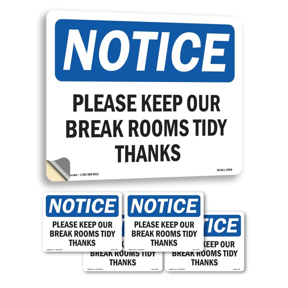 Please Keep Our Break Room Tidy Thanks OSHA Notice Vinyl Decal Label 5 Inch x 3.5 Inch - 5 Pack