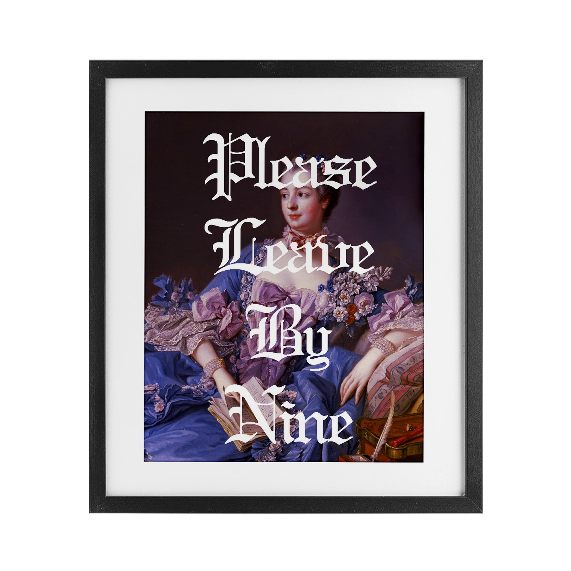 Please Leave By Nine Black Framed Print Under Glass, design by Lil' Rue