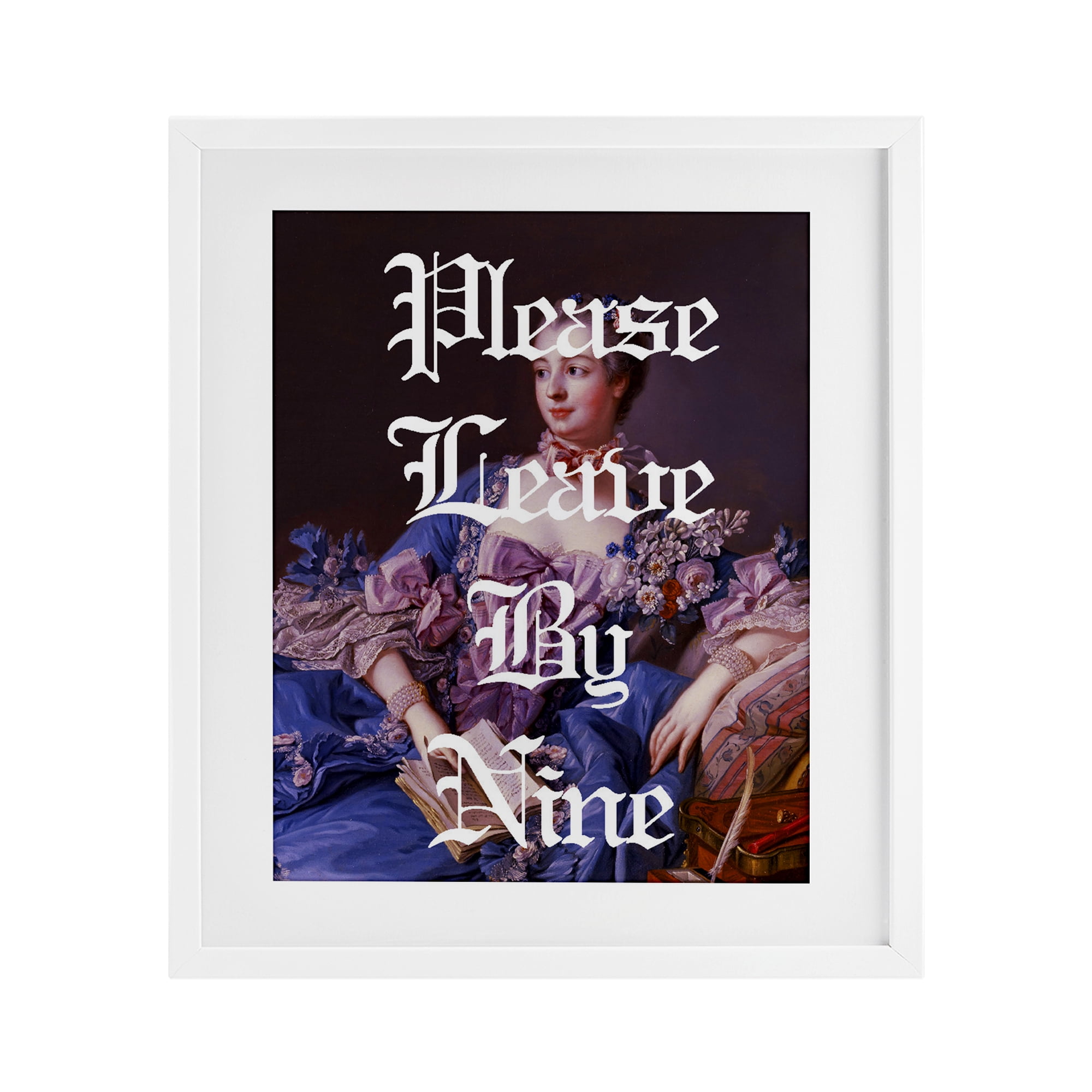 Please Leave By Nine White Framed Print Under Glass, design by Lil' Rue