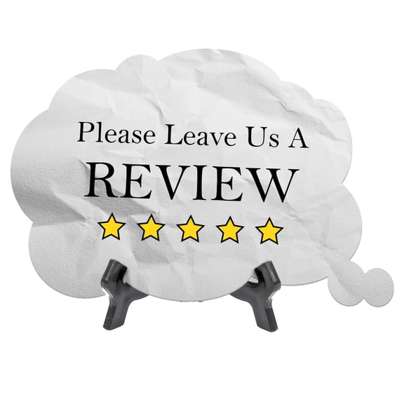 Please Leave Us A Review Cloud Speech Bubble (6 x 4") Table Sign With Acrylic Easel
