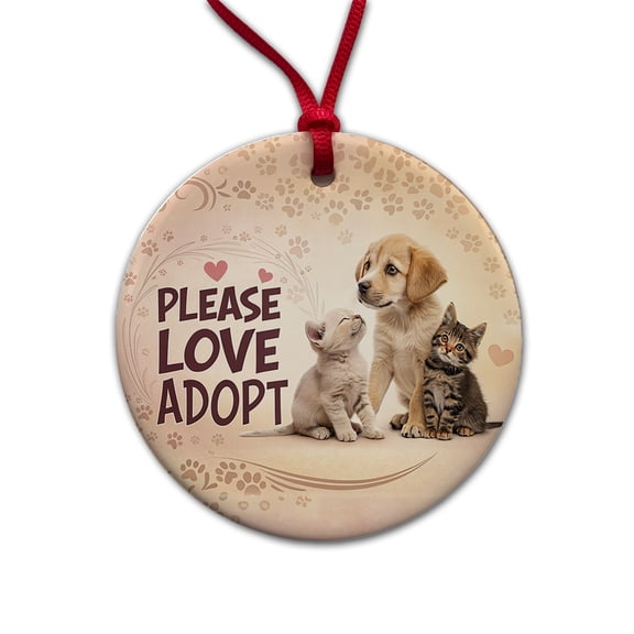 Please Love Adopt Animal Pet Rescue Adoption Christmas Tree Holiday Round Ceramic Ornament
