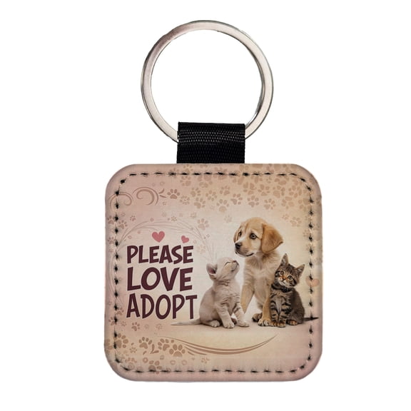 Please Love Adopt Animal Pet Rescue Adoption Faux Leather Square Keychain