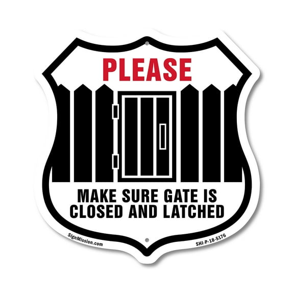 Please Make Sure Gate Is Closed And Latched 12 inch X 12 inch Shield-Shaped Rust-Free Aluminum Metal Sign Weather Resistant Made in the USA