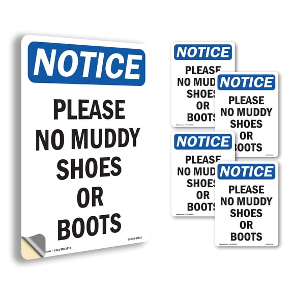 Please No Muddy Shoes Or Boots OSHA Notice Vinyl Decal Label 5 Inch x 3.5 Inch - 5 Pack