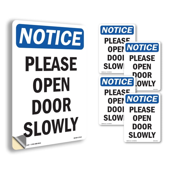 Please Open Door Slowly OSHA Notice Vinyl Decal Label 5 Inch x 3.5 Inch - 5 Pack