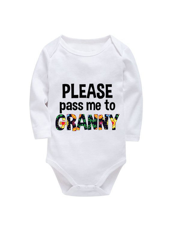 Please Pass Me to Granny Onesie for Boy Long Sleeve Neutral Baby Clothes Newborn White Boy Outfit