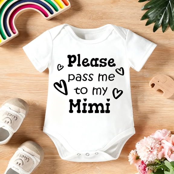 "Please Pass Me to My Mimi" Baby Girl Onesie, Adorable Grandma-Themed White Short-Sleeve Romper, Soft Breathable Cotton with Heart Design, Perfect for Newborns, Toddlers & Outdoor Photos