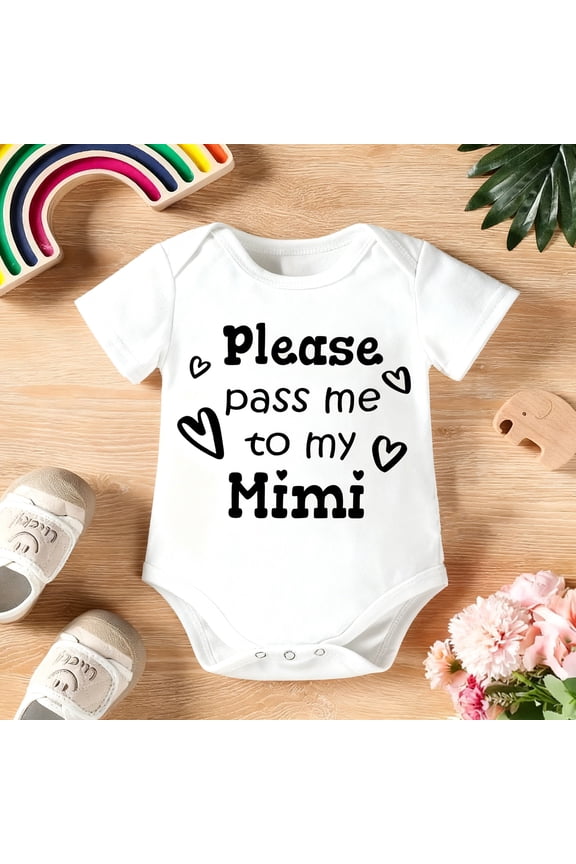"Please Pass Me to My Mimi" Baby Girl Onesie, Adorable Grandma-Themed White Short-Sleeve Romper, Soft Breathable Cotton with Heart Design, Perfect for Newborns, Toddlers & Outdoor Photos