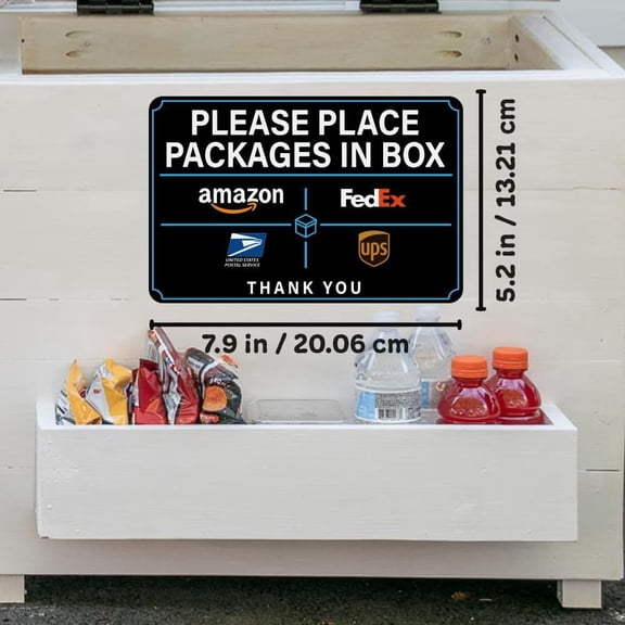 Please Place Packages in Box Sign, Vinyl Self-Adhesive Sticker for Outdoor Door, Mailbox, Porch, Parcel Delivery Decal (7.9" x 5")
