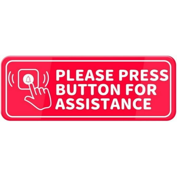 Please Press Button For Assistance Hand On Button Sign W/Adhesive Back - Durable And Wipe Clean Plastic Sign - 10"X3" Business Restaurant Signage For Customer Entry Areas