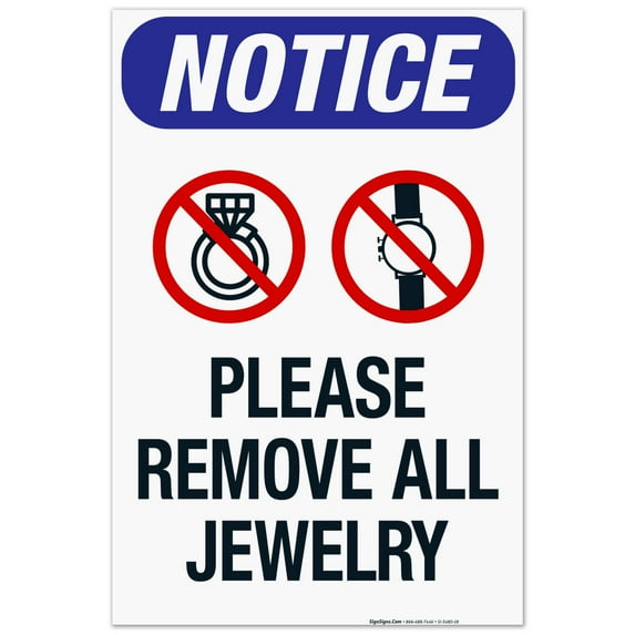 Please Remove All Jewelry Sign, OSHA Sign, 24x36 Corrugated Plastic