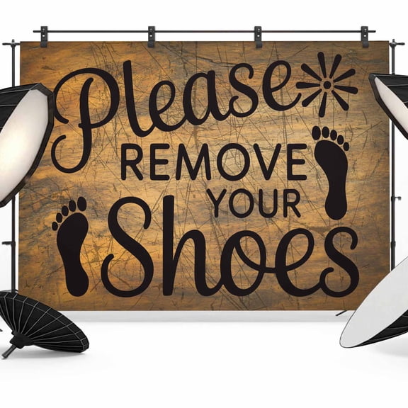 Please Remove Your Shoes Backdrop for Photoshoot,Photography Photo Studio Background Wall Backdrop,Farmhouse Brown Wooden Grain Back Drop Banner Panel for Portraits Wedding Party Live Streaming 7x5Ft