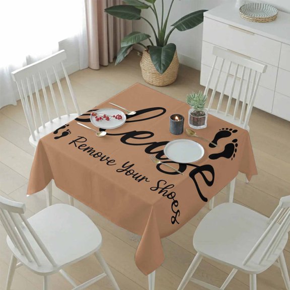 Please Remove Your Shoes Text Table Cloth 54x54in, Waterproof Square Tablecloth Wipeable Tablecloths Black Footprint on Brown Table Covers for Dining Tables Party Indoor Outdoor