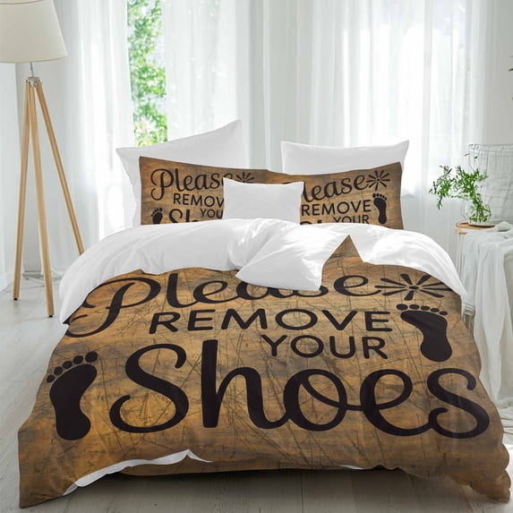 Please Remove Your Shoes Twin Size Comforter Set, Vintage Distressed Letters Wood Grain Bedding for All Seasons, 4 Pcs Bed Set, 1 Quiltcover (68"x86") ,1Sheet(67"x116"), 2Pillowcases (30"x20")