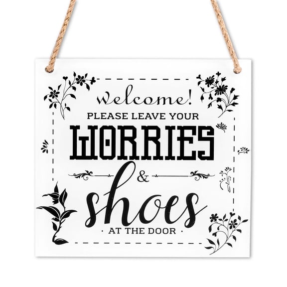 "Please Remove Shoes & Worries" Wood Door Sign - 5.9x5.9 Inch Entryway Decor, Housewarming/Holiday Gift