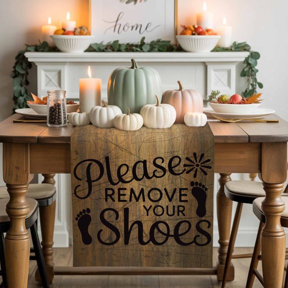 Please Remove Your Shoes Cotton Linen Table Runner, Washable Table Runners for Kitchen, Dining Room, Holiday, Home Party Table Decor, 13x60 Inches