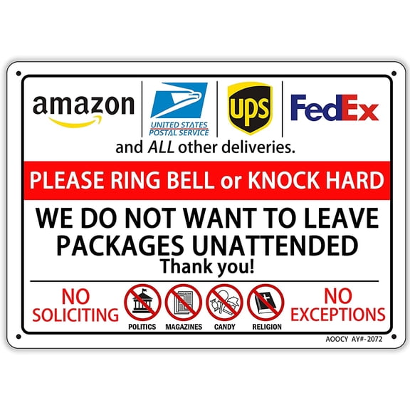 Please Ring Bell or Knock Hard, We Do Not Want to Leave Packages Unattended, Package Delivery Sign - Metal Aluminum Rust Free - 8×12 Inches Pre-Drilled Holes, Weather Resistant