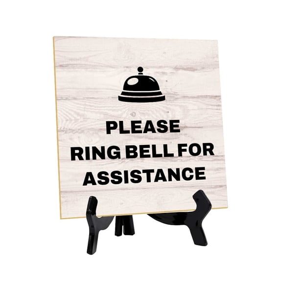 Please Ring Bell for Assistance 5"x 5" Square Table Sign With Acrylic Easel | Front Desk and Reception Table Signs