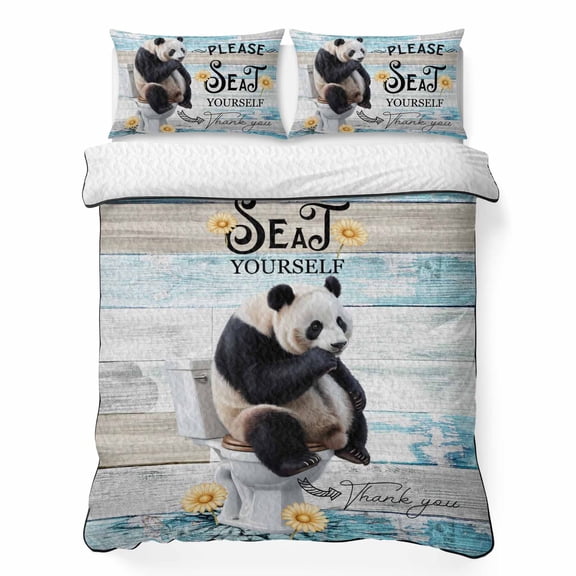 Please Seat Yourself 3 Piece Quilt Bedding Set with 2 Pillow Shams, Panda in Toilet Lightweight Bedspread Coverlet, Soft Breathable All Season Quilt, 68 x 86 Inch