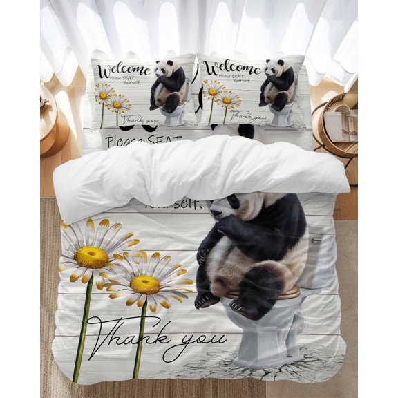 Please Seat Yourself Bedding Duvet Cover Set Twin Size 4 Pieces Panda in Toilet Funny Animal Bedding Set with Zipper Closure, 1 Comforter Cover 68x86 Inches 1 Flat Sheet & 2 Pillow Cases