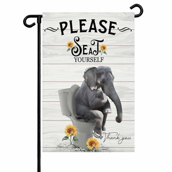 Please Seat Yourself Garden Flag 12x18 Inch Elephant in Toilet Double Sided Small Decorative Garden Flags for Outside, Outdoor Yard Porch Lawn Decoration