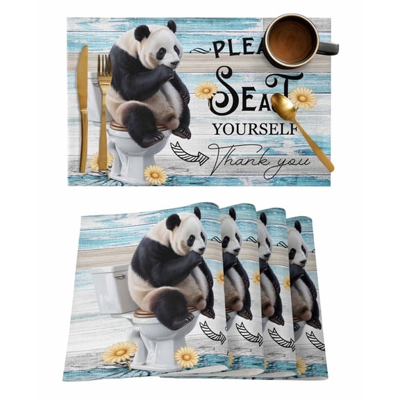 Please Seat Yourself Placemats Set of 2 Panda in Toilet Daisy Wood Grain Heat Insulation Washable Place Mats, Rustic Non-Slip Table Mats for Dining Table Party Kitchen Decor,13x19 Inch
