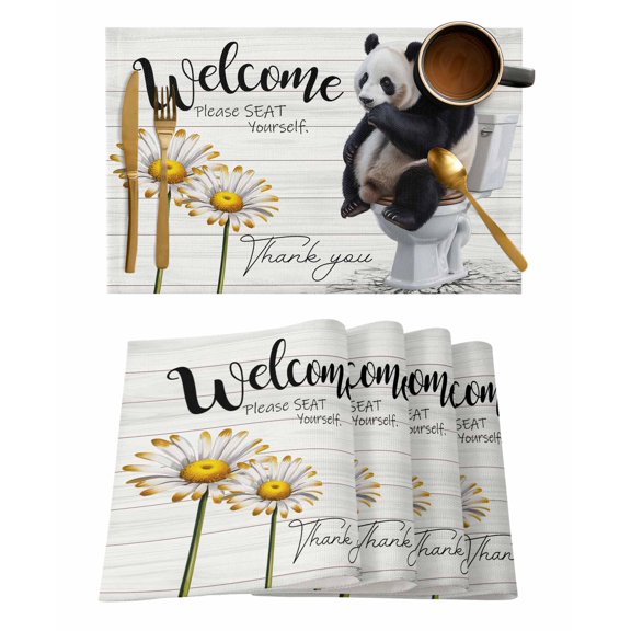 Please Seat Yourself Placemats Set of 2 Panda in Toilet Funny Animal Heat Insulation Washable Place Mats, Rustic Non-Slip Table Mats for Dining Table Party Kitchen Decor,13x19 Inch