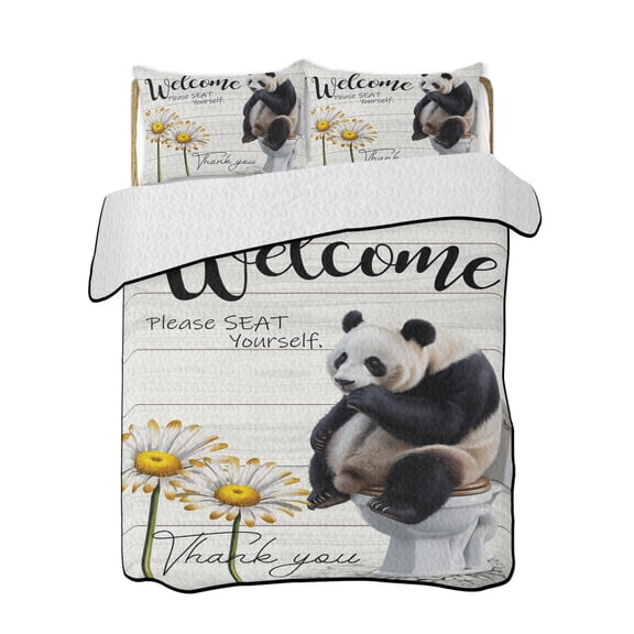 Please Seat Yourself Quilts Bedding Set Twin Size Panda in Toilet Lightweight Quilted Bedspread 3 Piece Bed Quilt with 2 Pillow Shams All Season for Bedroom 68" x 86"