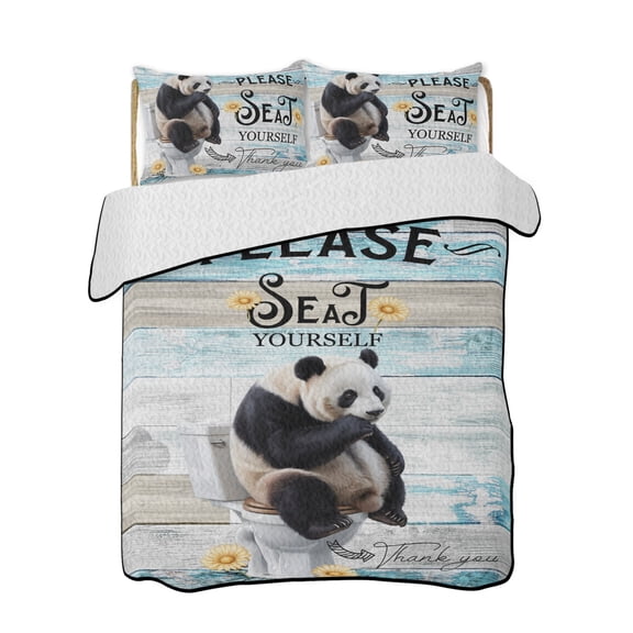 Please Seat Yourself Quilts Bedding Set Twin Size Panda in Toilet Lightweight Quilted Bedspread 3 Piece Bed Quilt with 2 Pillow Shams All Season for Bedroom 68" x 86"