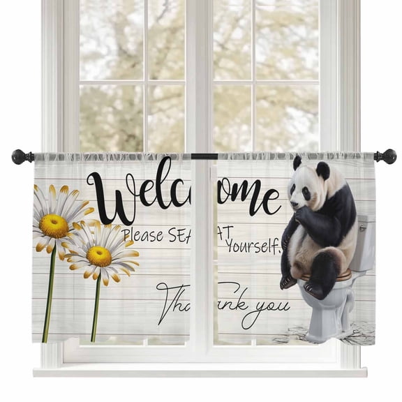 Please Seat Yourself Sheer Curtains 45 inches Long, Panda in Toilet Funny Animal Light Filtering Sheer Window Curtains Rod Pocket Voile Drapes for Bedroom Living Room, 52"W x 45"L 2 Panels