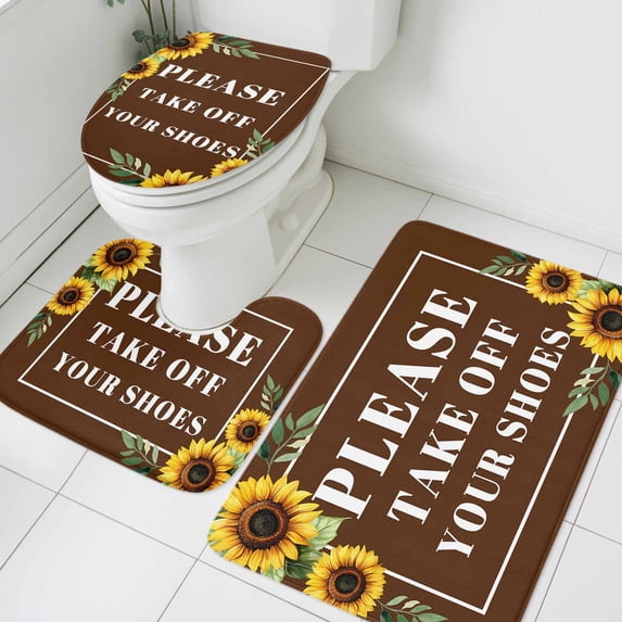 Please Take off Your Shoes Bathroom Rugs Set Sunflower Non Slip Absorbent Soft Bath Mats 3 Piece Set with Bathroom Rug, U-Shaped Floor Mat, Toilet Seat Cover Large Size