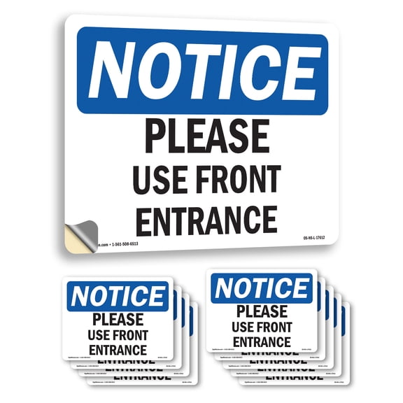 Please Use Front Entrance OSHA Notice Vinyl Decal Label 10 Inch x 7 Inch - 10 Pack