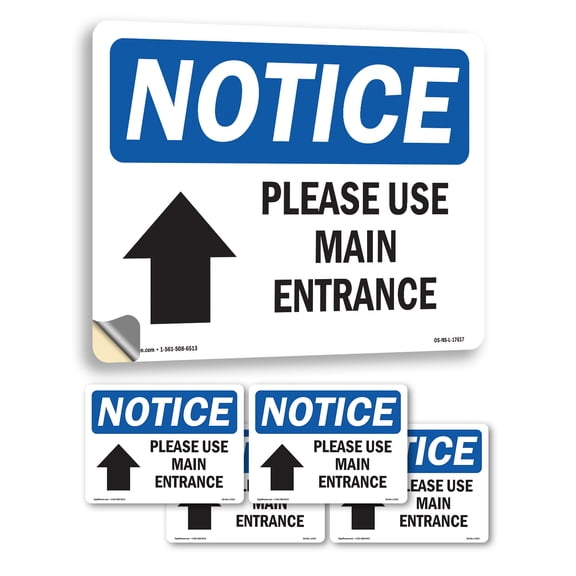 Please Use Main Entrance [Up Arrow] With Symbol OSHA Notice Vinyl Decal Label 7 Inch x 5 Inch - 5 Pack