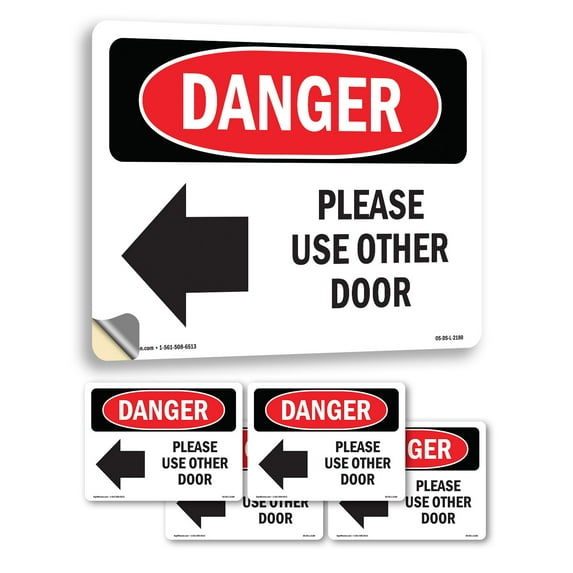 Please Use Other Door OSHA Danger Vinyl Decal Label 10 Inch x 7 Inch - 5 Pack