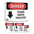 thumbnail image 1 of Please Watch Your Step [Down Arrow] OSHA Danger Vinyl Decal Label 5 Inch x 3.5 Inch - 5 Pack, 1 of 6
