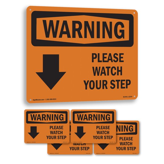 Please Watch Your Step [Down Arrow] With Symbol OSHA WARNING Rigid Plastic Sign 10 Inch x 7 Inch - 5 Pack