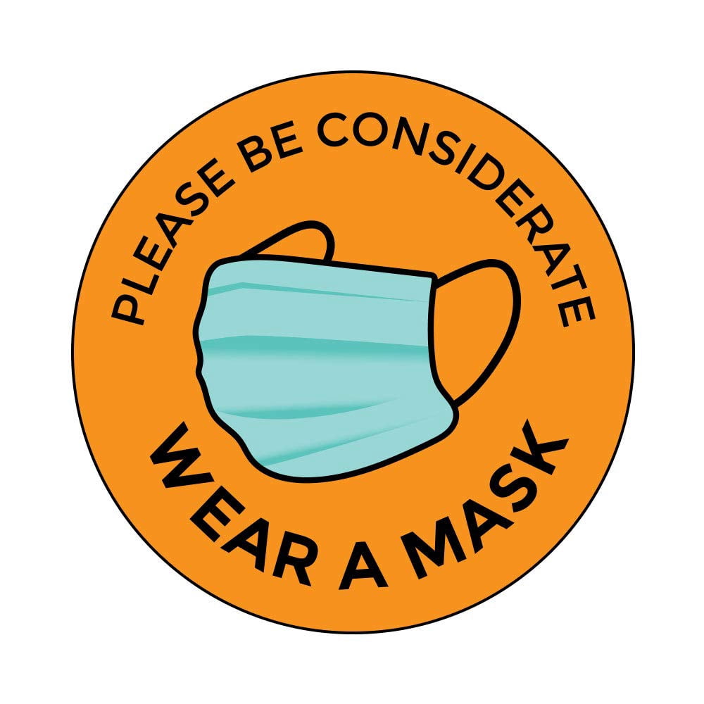 Please Wear A Mask Window Stickers - Orange Design - 12 Inch Circle - Indoor/Outdoor - Removable Adhesive Vinyl - Online Labels (Pack of 25)