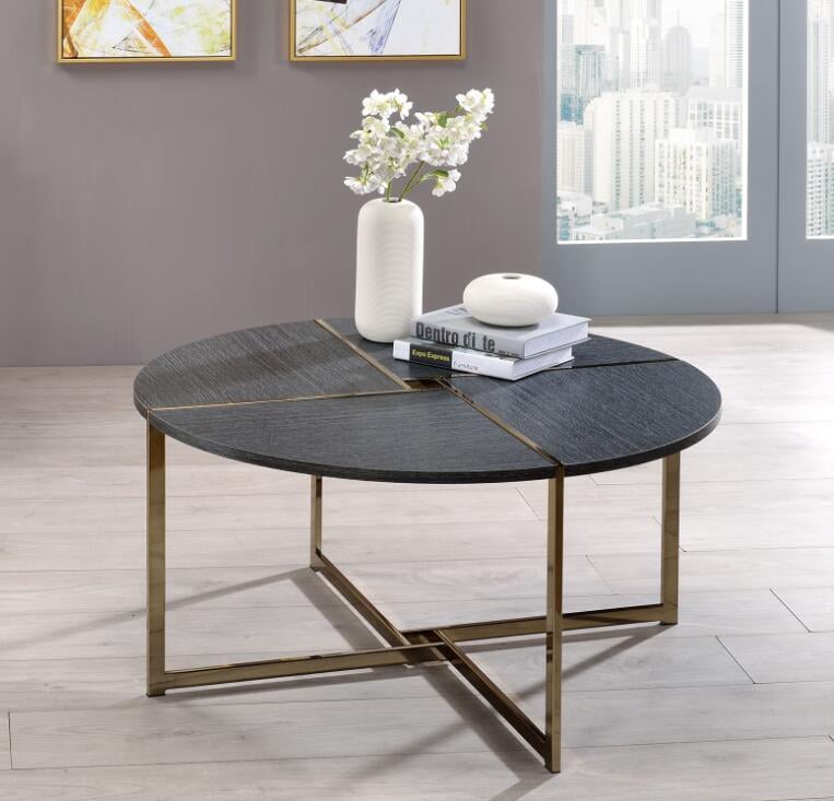 Bromia 26" Round Black Wood & Champagne Metal Coffee Table with Storage