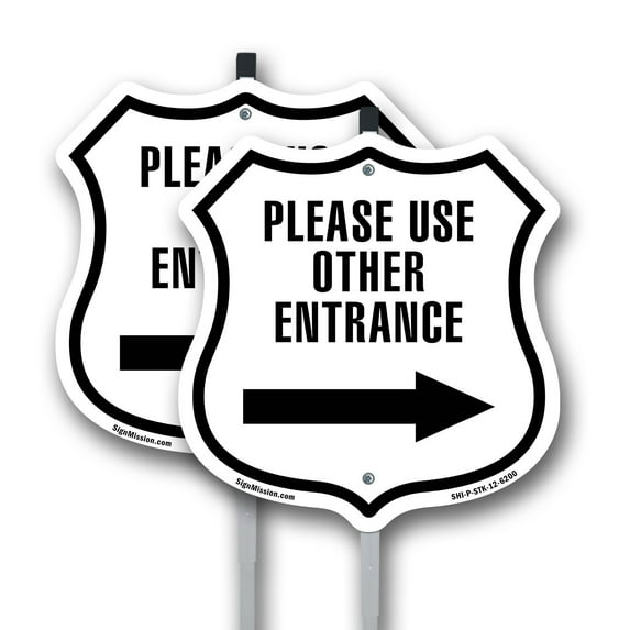 Please use Other Entrance Right Arrow (2 Pack) 12 inch X 12 inch Shield Shaped Commercial Grade Plastic Signs with Aluminum Mounting Stakes Weather Resistant Made in the USA