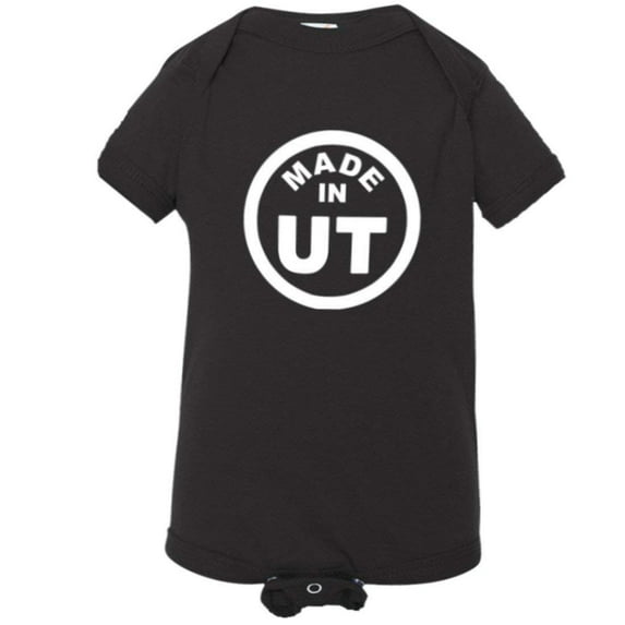 PleaseMeTees™ Baby From Born Made In Utah UT Logo Label Tag HQ Jumpsuit