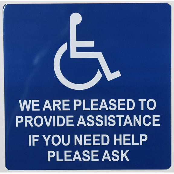 we are Pleased to Provide Assistance if You Need Help Please Ask Sign (White/Blue,Aluminium, 6x6, Double Sided Tape)-The Pour Tous Blue LINE(ref-2022-4)
